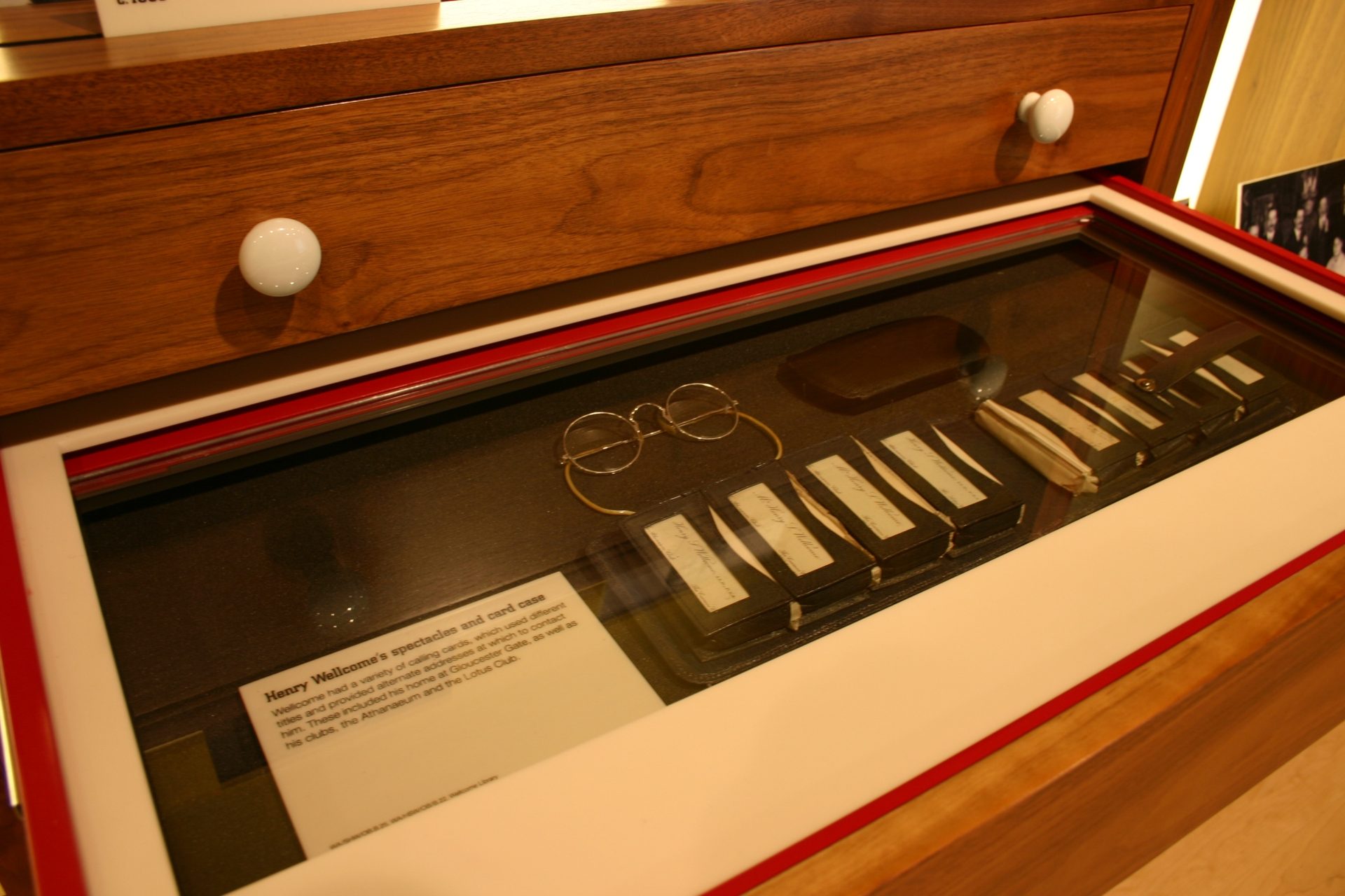 Henry Wellcome's spectacles and card case, Medicine Man, The Wellcome Building, London.JPG